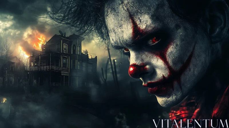 Sinister clown watches over burning haunted mansion at dusk.