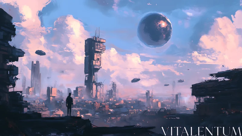 Future city skyline glows under a mysterious hovering sphere