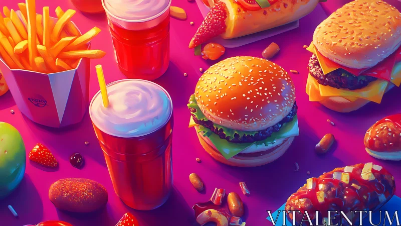 Colorful digital fast food spread shows burgers and drinks
