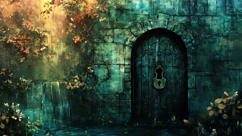 Secret ivy gate beside whispering waterfall of dusk dreams.