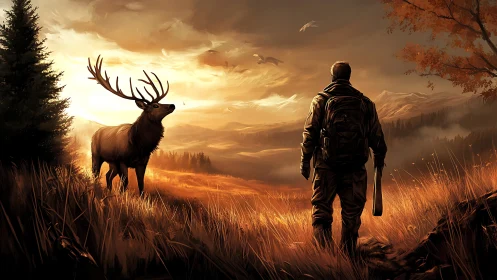 Backlit stag and hiker in atmospheric autumn valley encounter.