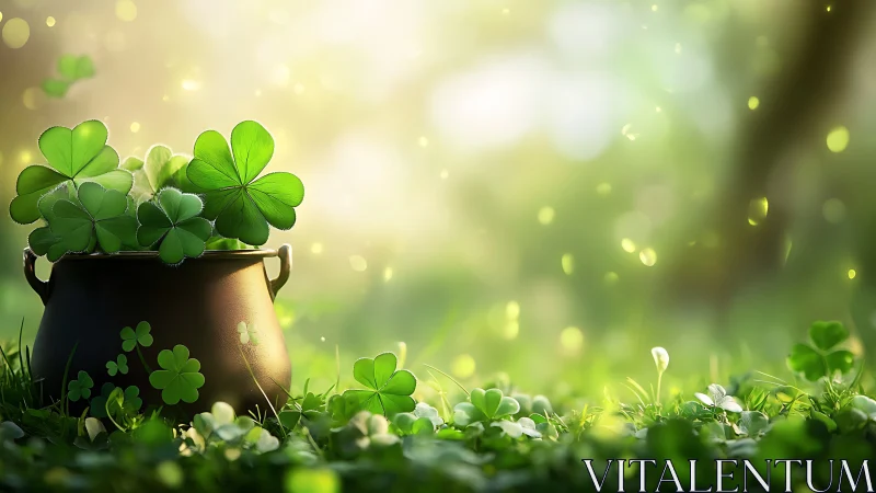 Lucky clover cauldron hums softly in sunlit meadow haze