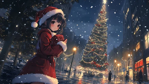 Anime girl in red coat under towering city Christmas tree.