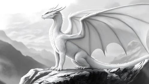 White dragon stands on rocky cliff in grayscale mountain landscape