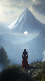 Solitary wanderer before luminous valley and vast peak.