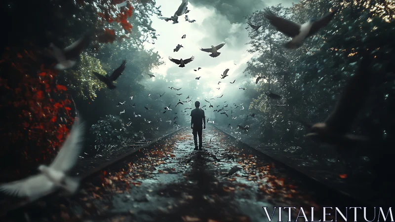 Solitary figure walks misty tracks under swirling birds.