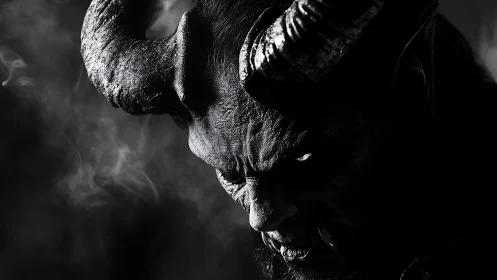 Horned demon portrait emerges from shadow in harsh sidelight