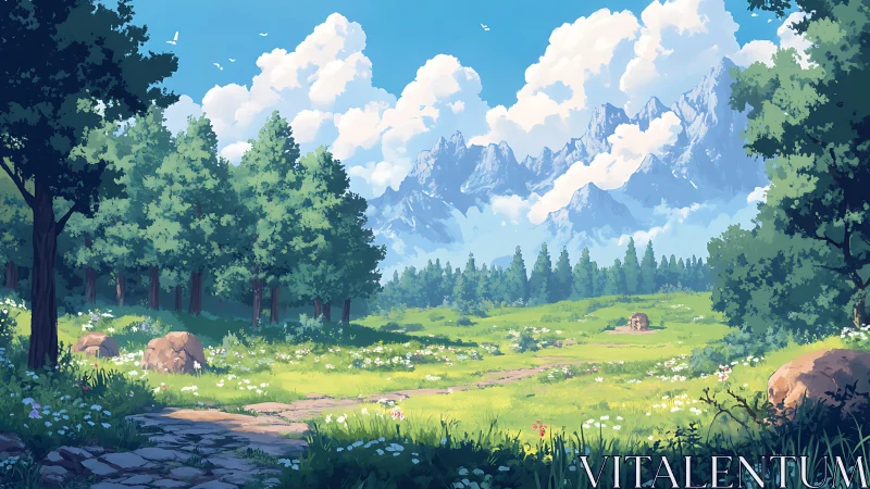 Mountain Valley Landscape with Alpine Peaks and Forest Meadow