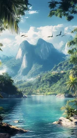 Luminous tropical fjord beneath misty emerald peaks.