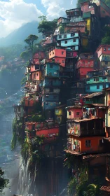 Colorful cliffside favela clings to misty tropical mountainside