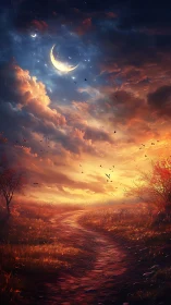 Crescent moonway over ember fields at the edge of dusk.