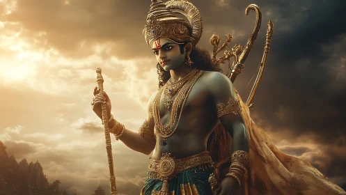 Divine warrior prince stands poised beneath stormy skies.