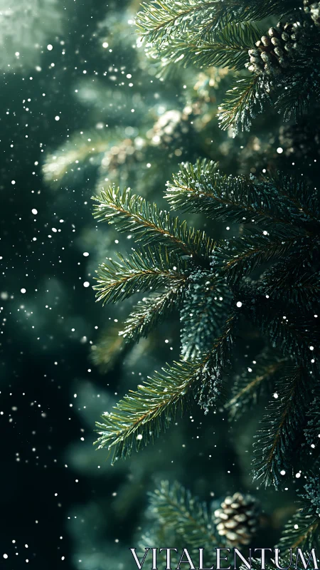 Snow-dusted evergreen branches under soft winter light.