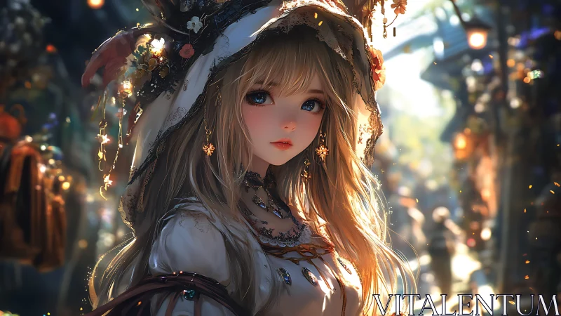 Blonde female figure in ornate hat within market street.