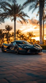 Carbon-black hypercar under palm-lined sunset boulevard.