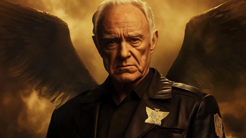 Older man with dark angel wings stands in golden smoke