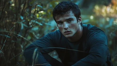 Brooding young man crouches in cool forest undergrowth.