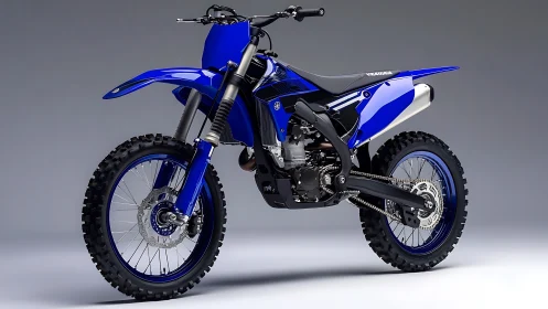 Blue off road motorcycle studio side profile render image.