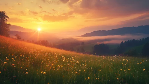 Sunlit alpine meadow with volumetric haze and warm spectral bloom