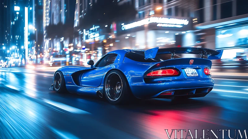 Midnight blue supercar racing through neon city streets.