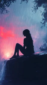 Quiet silhouette resting by a rainy, neon twilight sky.