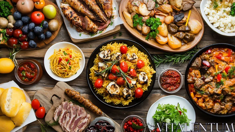 Vibrant rustic banquet table with colorful Mediterranean dishes.