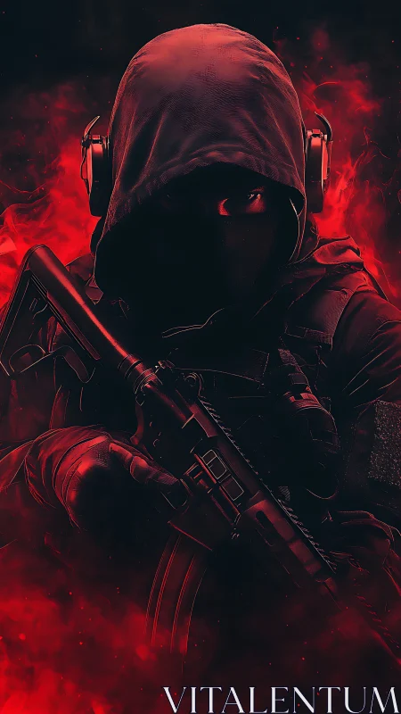 Hooded tactical gunner framed by crimson combat haze.