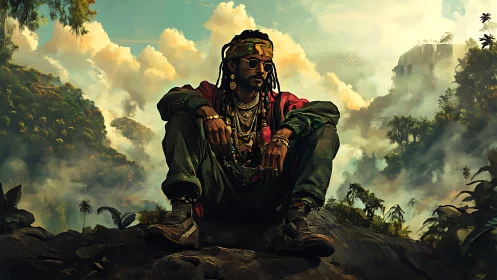 Lone wanderer rests in misty jungle mountains at sunrise