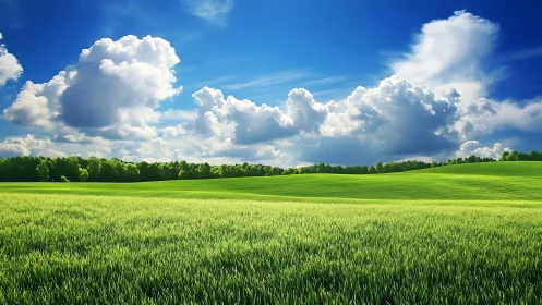 Sunlit green meadow under towering summer cumulus clouds.