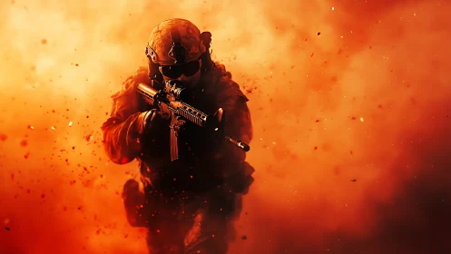 Tactical soldier charges through blazing combat smoke.