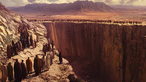 Processional figures survey colossal desert canyon in warm light