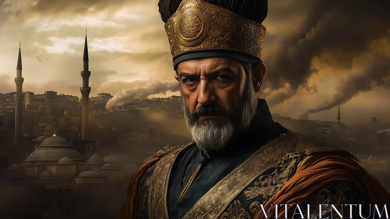 Imperial Ottoman ruler in ornate garb dominates smoky skyline
