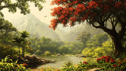 Radiant riverine rainforest under diffuse mountain backlight.