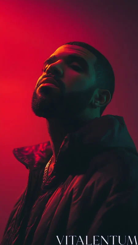 Portrait shows side-lit man in red and teal low-key lighting