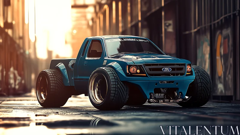 Bold blue street truck soaking up golden evening light.