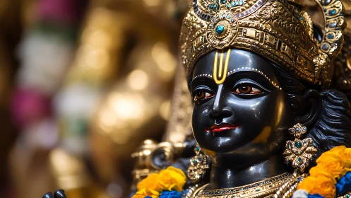 Radiant black stone deity shines in golden temple light