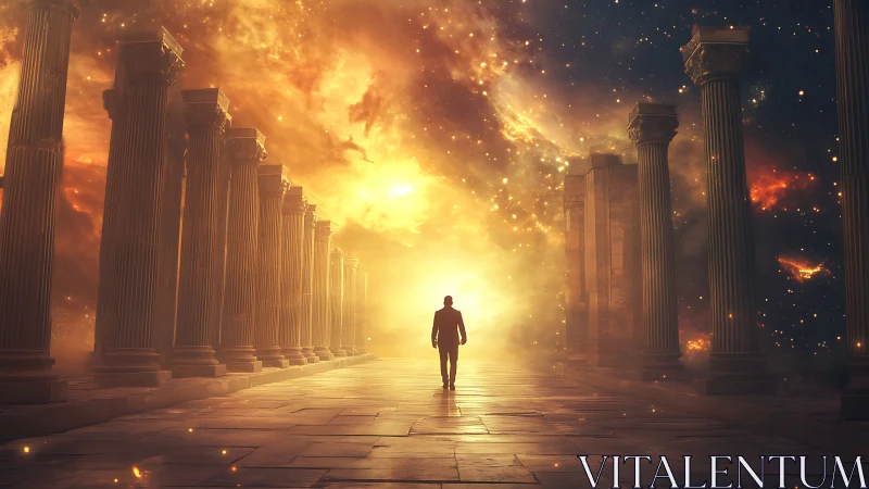 Solitary figure in colonnade before luminous cosmic sky.