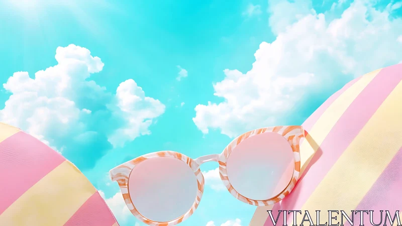 Striped sunglasses with pastel beach balls under sky.