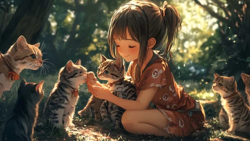 Anime girl sits with multiple kittens in forest sunlight scene.