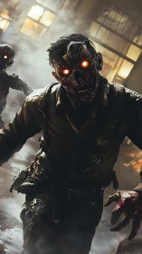 Glowing-eyed zombie soldier charges through smoky ruins at night