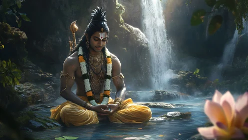 Waterfall hush cradles the meditating deity in liquid light