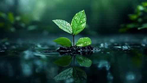 Macro study of dew-laden seedling reflected on still water