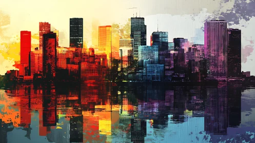 Digital painting skyline with prismatic gradient reflection symmetry.