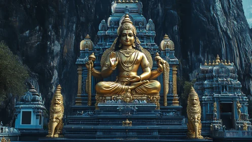 Golden seated deity statue in ornate mountain temple complex.