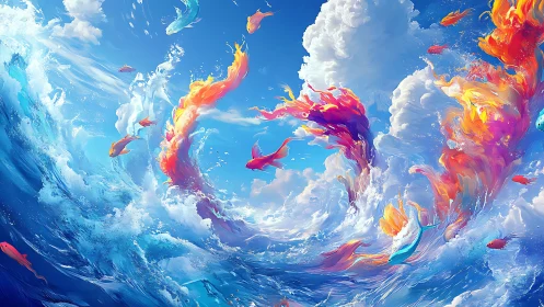 Color-saturated fish forms rotating in stylized ocean vortex.