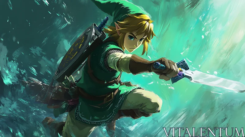 Heroic swordsman lunges through swirling teal lightstorm.