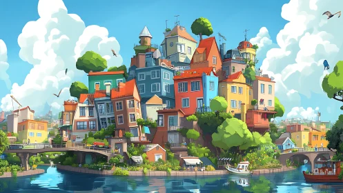 Colorful canal hill town glows under bright summer skies