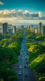Aerial urban boulevard transecting dense tropical canopy corridor.