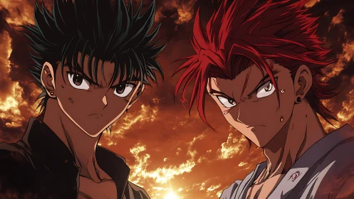 Two determined anime fighters stand against burning sunset sky