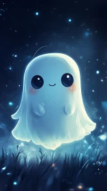 Cute glowing ghost character floating in night scene.